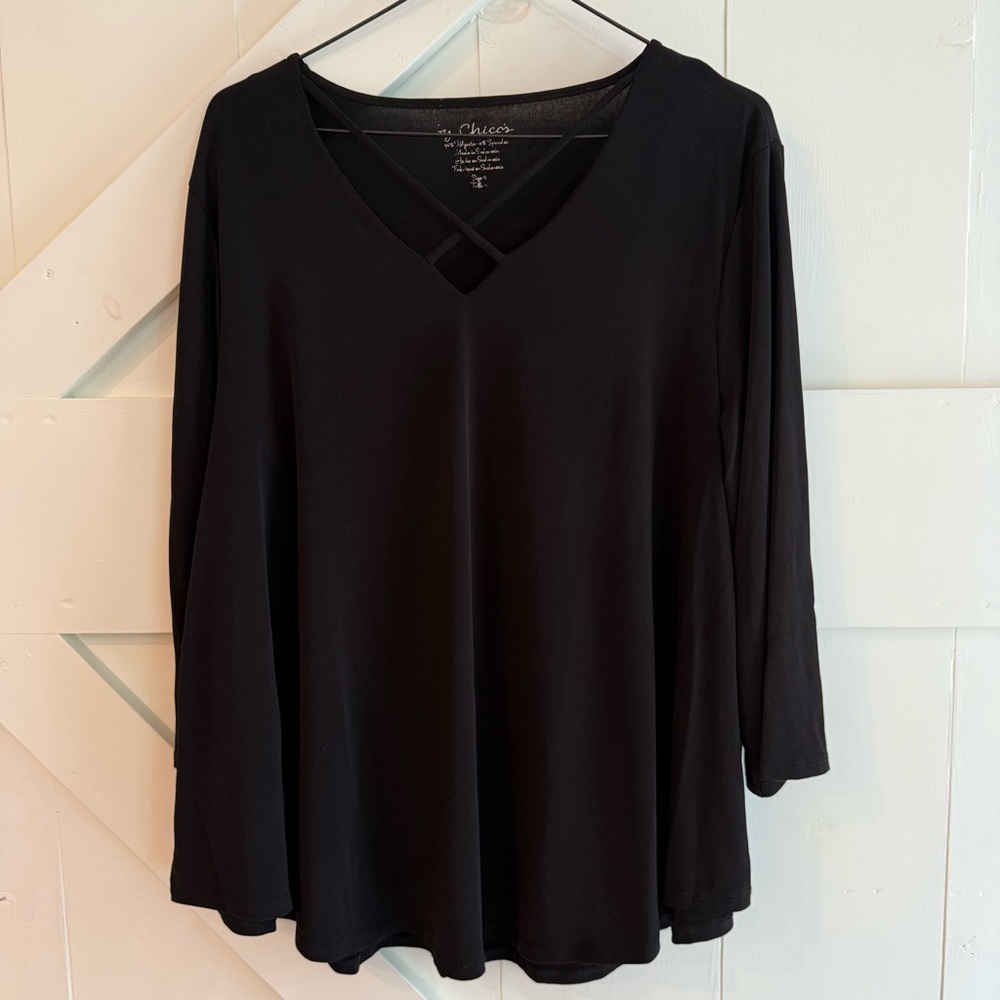 Chico's Top Womens Sz 2 US L Black Criss Cross V Neck Long Sleeve Tunic Stretch